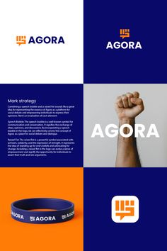 the logo for agora is shown in three different colors and font styles, including orange, blue, and white