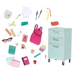 an image of a bunch of school supplies on top of a white background with the caption'our generation museum - secondary room supplies / school supplies / american '