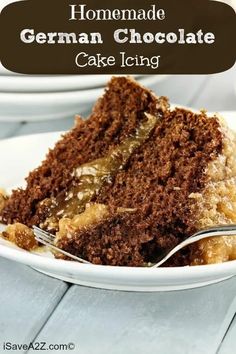 a close up of a slice of cake on a plate with the words homemade german chocolate cake icing