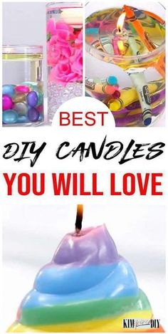 the words best diy candles you will love are in front of an assortment of colorful candies