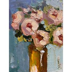 a painting of pink roses in a yellow vase