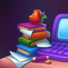 a computer keyboard sitting next to a pile of books and an apple on top of it