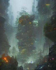 a futuristic city in the rain with lots of trees and buildings on top of it