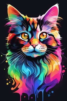 a colorful cat with yellow eyes and long hair, on a black background is the image of