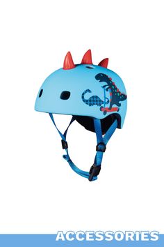 a blue helmet with red spikes on the side and an image of a dinosaur wearing horns