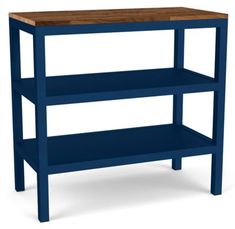 a wooden shelf with two shelves on each side and one shelf below the shelf is blue