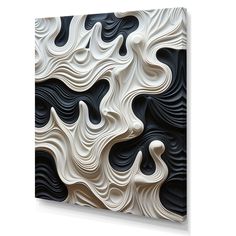 an abstract black and white artwork piece on the wall, with wavy lines coming out of it