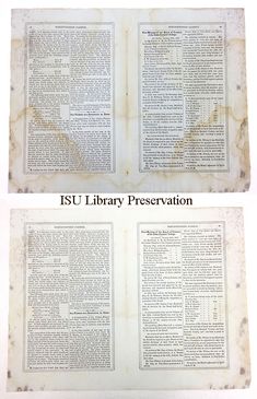 two pages of an old book with the words isu library preservation on them