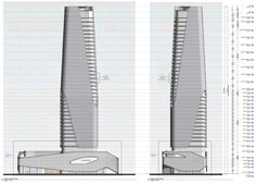 two tall buildings are shown side by side, with the top and bottom floors facing each other