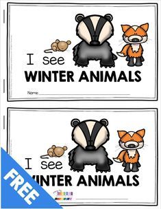 two animal name tags with the words i see, winter animals and an image of a raccoon