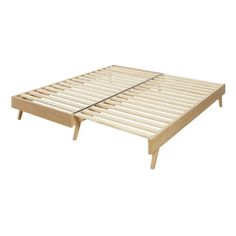 a bed frame with wooden slats and no headboard on the bottom side,