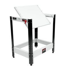 a white workbench with black legs and red handle