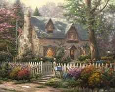 a painting of a house surrounded by flowers and trees with a picket fence in the foreground