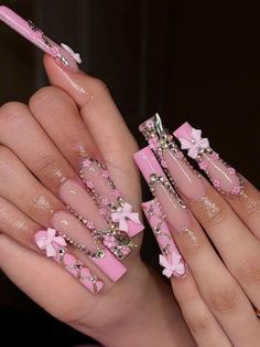 Long Acrylic Nail Designs, Acrylic Press On Nails, Colored Acrylic Nails, Bling Acrylic Nails, Pink Acrylic Nails