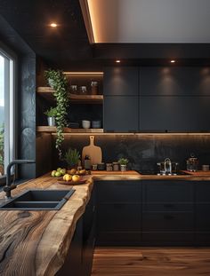 a kitchen with black cabinets and wooden counter tops, along with an island in the middle