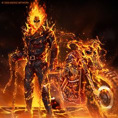 a man standing next to a motorcycle on a fire covered ground with flames coming out of it