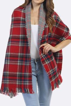 Reversible Tartan Fringe Shawl in Two Colors | TRAITS Tartan Blanket Scarf, Bohemian Scarves, Cozy Shawl, Plaid Shawl, Tartan Blanket, Fringe Shawl, Tartan Scarf, Stylish Scarves, Plaid Blanket Scarf