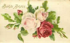 an old fashioned postcard with roses and green leaves on the bottom, says bonnie joyce