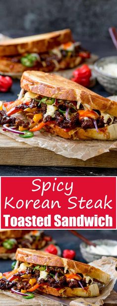 two pictures of korean steak toasted sandwhich with text overlay that reads spicy korean steak toasted sandwich