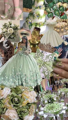 a collage of different images with green and white wedding gowns, high heeled shoes, and flowers