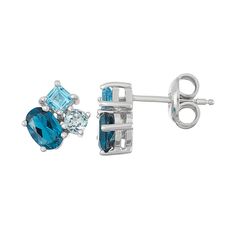 A trio of genuine London, Swiss and sky blue topaz stones in a variety of shapes gives these sterling silver cluster stud earrings exquisite beauty you're sure to love.EARRING DETAILS Length: .37 in. Backings: post Metal: rhodium-plated sterling silver STONE DETAILS Stone type: genuine London blue topaz, genuine Swiss blue topaz, genuine sky blue topaz Total weight: 1 3/4 ct. Shape: oval, princess cut, round Setting: prong  Size: One Size. Gender: female. Age Group: adult. Climber Earrings Silver, London Blue Topaz Earrings, Post Metal, Blue Topaz Stone, Blue Topaz Earrings, Sky Blue Topaz, Topaz Earrings, Swiss Blue Topaz, Topaz Stone