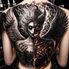 the back of a woman's body is covered in tattoos and artwork, including an image of a demon