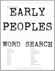 the word search for early peoples is shown in black and white, with words that appear to