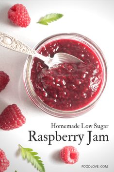 homemade low sugar raspberry jam in a jar