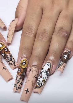 Nails With Body Design, 3d Halloween Nails Acrylic, 10 Finger Nail Design, Ghost Fall Nails, Nail Tech Tattoos, Start Of Fall Nails, Summer Ween Nails, Fall Ghost Nails