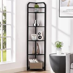 a corner shelf with vases and other items on it in a white living room