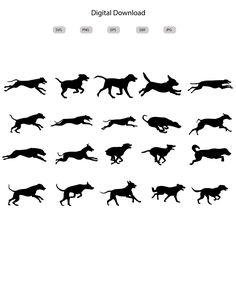 the silhouettes of dogs running and jumping in different directions, all on one screen