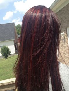 Red Hair With Dark Red Highlights, Red Highlights With Brown Hair, Dark Brown Hair With Red Tint And Blonde Highlights, Dark Red Hair With Black Highlights, Red Highlights In Red Hair, Red Highlights In Brown Hair Wavy, Medium Length Brown Hair With Red Highlights, Red Highlights On Red Hair, Black Hair W Red Highlights