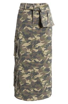 Utilitarian accents lend on-trend style to this camo-print denim skirt cut to a maxi length and detailed with a pocketed belt. Zip fly with button closure Five-pocket style; cargo flap-patch pockets Removable belt with cargo pocket 94% cotton, 5% polyester, 1% spandex Machine wash, tumble dry Imported Camo Clothes, Crochet Mini Skirt, Fringe Crochet, Printed Maxi Skirt, Camo Skirt, Side Fringe, Long Skirt Outfits, Camo Outfits, Print Denim