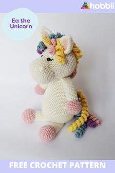 a crocheted unicorn stuffed animal sitting on top of a white background with the text free crochet pattern