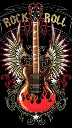 the logo for rock'n roll with an electric guitar and wings on black background