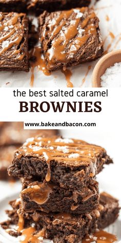 chocolate brownies with caramel drizzled on top and the words, the best salted caramel brownies