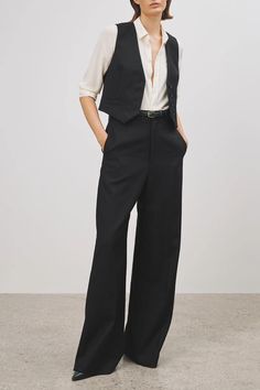 Classic short tailored vest. Front and back darts. Welt pockets. Fully lined. Made in USA Style Suit Vest Women, Tailored Pants Aesthetic, Masculine Tailoring Women, Womens Suit With Vest, Masculine Women Wedding Attire, Suits With Vests For Women, Suit Wedding Guest Woman, Masc Fem Wedding Outfit, Masc Cocktail Attire