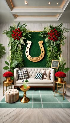 a living room filled with furniture and greenery on the wall behind it is a couch