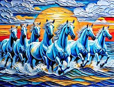 Seven, 7, white horses, running horses, horses, landscape, painting, sun, water, trees, clouds, buy, sell, brush pallet. Brush 7 Horses Painting On Canvas, 7 Horse Painting On Canvas, 7 Horses Running Painting Vastu Hd, 7 Horses Painting