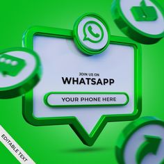 whatsapp sign with green and white shapes around it on a bright green background