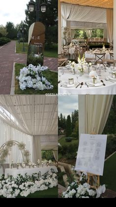 wedding reception setups with white flowers and greenery on the tables in front of an outdoor gazebo