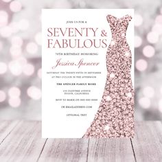 a pink and white wedding card with the words seventy and fabulous on it