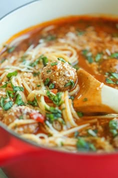 a red pot filled with meatball soup and noodles, garnished with parsley