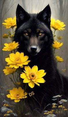 a painting of a black wolf with yellow flowers