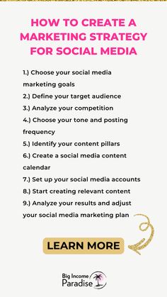 a white and gold flyer with the words how to create a marketing strategy for social media