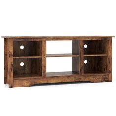 an entertainment center made out of wood with two shelves and three lights on each side