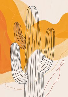 An abstract art poster featuring stylized line art of cacti set against a backdrop of warm amber and soft cream colors with subtle texture details. Desert Abstract Art, Western Airbnb, Desert Aesthetic Decor, Western Line Art, Boho Mood Board, Cactus Line Art, Bohemian Graphic Design, Southwest Wall Decor, Artwork For Kitchen