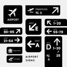 airport signs are shown in black and white