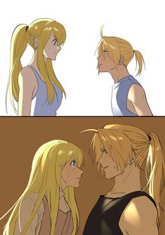 two anime characters, one with blonde hair and the other with blue eyes are facing each other