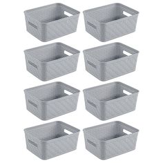 six grey plastic storage baskets with handles